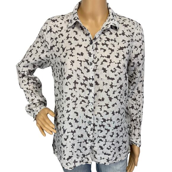 2/$30 J. Jill Love Linen Shirt Granite Daisy Gray Floral Button Petite Size SP - Picture 2 of 8